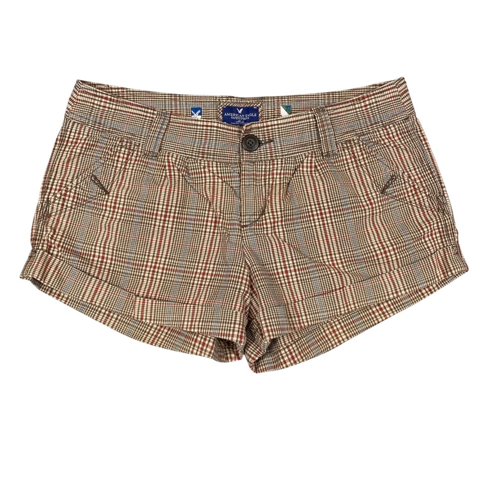American Eagle Plaid Cuffed Low Rise Mini Shorts Women 10 Brown Y2K